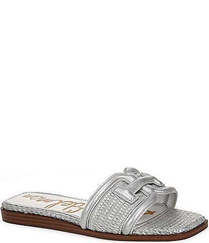 Sam Edelman Irina Leather and Raffia Double E Flat Slide Sandals