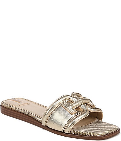 Sam Edelman Irina Metallic Leather Double E Square Toe Flat Slide Sandals