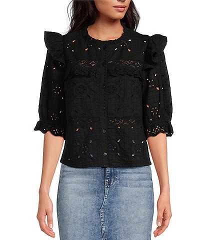 Sam Edelman Kailani Eyelet Crew Neckline Puff Elbow Sleeve Blouse