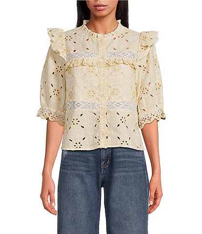 Sam Edelman Kailani Eyelet Crew Neckline Puff Elbow Sleeve Blouse