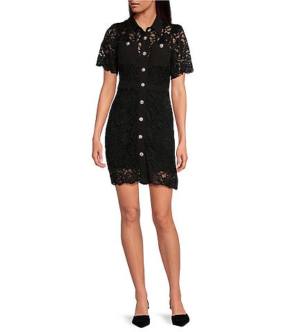 Sam Edelman Lace Point Collar Short Sleeve Button Front Shirt Dress