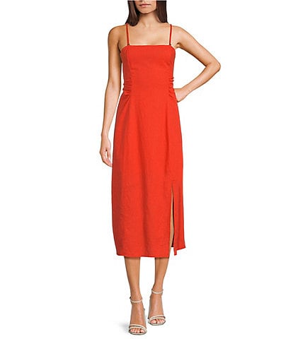 Sam Edelman Merisa Linen Blend Square Neck Sleeveless Cutout Back Side Slit A-Line Midi Dress