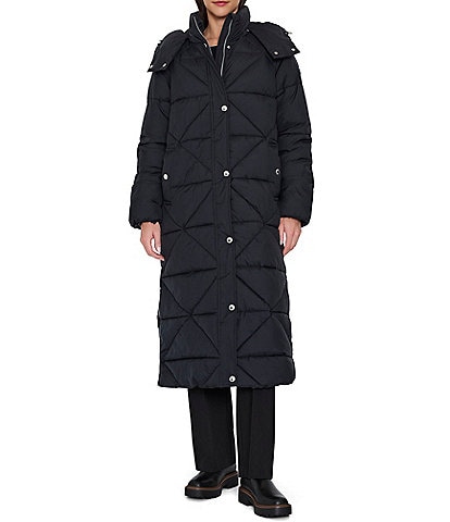 Sam Edelman Mixed Quilt Stand Collar Removable Hood Maxi Puffer