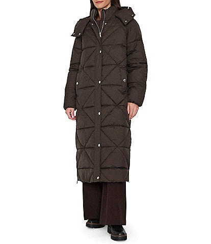 Sam Edelman Mixed Quilt Stand Collar Removable Hood Maxi Puffer