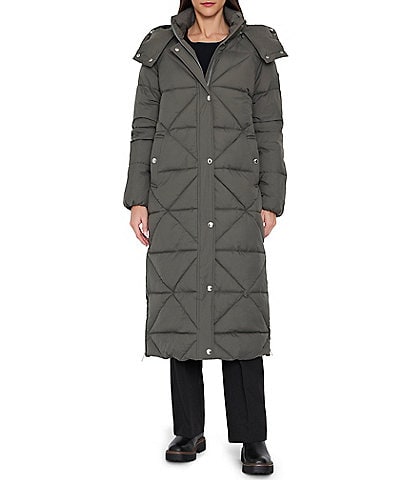 Sam Edelman Mixed Quilt Stand Collar Removable Hood Maxi Puffer