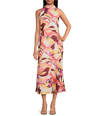 Sam Edelman Mock Neck Sleeveless Abstract Floral Printed Chiffon Sheath Midi Dress