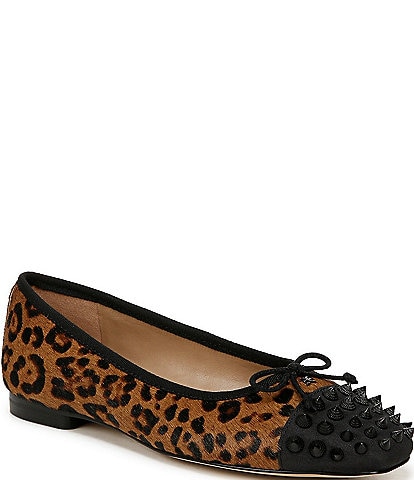 Sam Edelman Monet Leopard Calf Hair Studded Cap Toe Bow Detail Ballet Flats