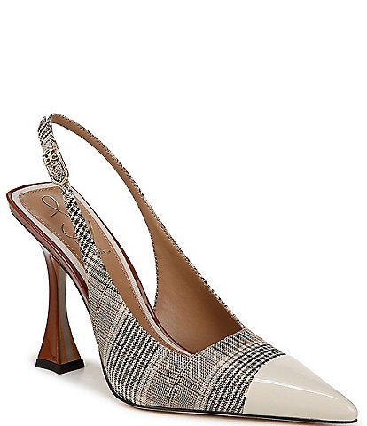 Sam Edelman Odette Plaid Fabric and Patent Cap Toe Slingback Pumps