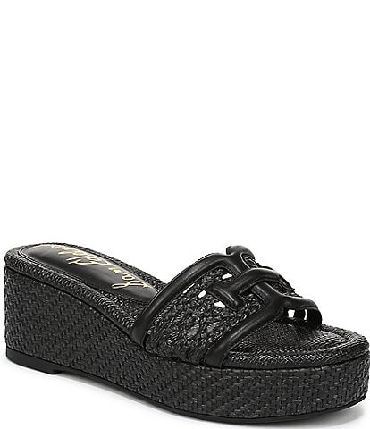 Sam Edelman Pauleena Woven Raffia Double E Logo Platform Wedge Slide Sandals