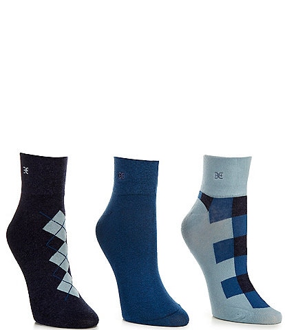 Sam Edelman Plaid & Argyle Print Wide Welt Quarter Socks, 3 Pack