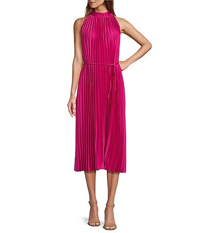 Sam Edelman Pleated Mock Neck Sleeveless Tie Waist Midi Dress