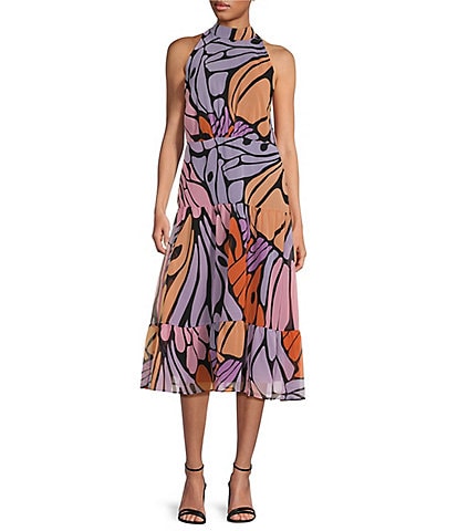 Sam Edelman Printed Butterfly Mock Neckline Sleeveless Dress