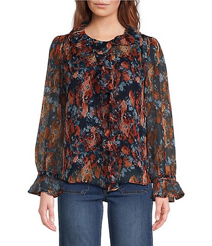 Sam Edelman Ruffle Crew Neck Long Sleeve Button Down Blouse