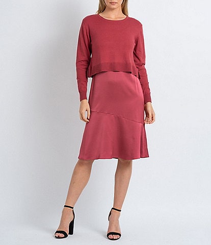 Sam Edelman Satin Boat Neck Long Sleeve Asymmetrical Flounce Hem 2-Piece Sweater Dress