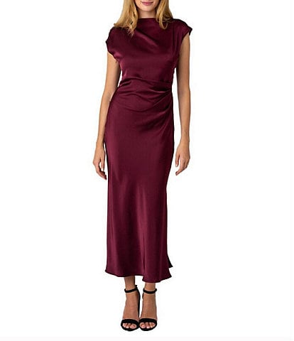 Sam Edelman Satin Crew Neck Cap Sleeve Ruched Sheath Maxi Dress