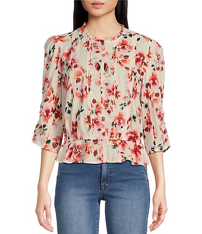 Sam Edelman Scarlette Embroidered Floral Print Round Neck Ruffle Long Sleeve Button Front Blouse