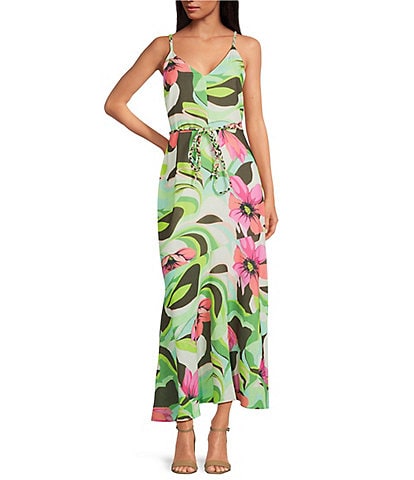 Sam Edelman Sleeveless V-Neck Palm Royal Floral Print Fit And Flare Maxi Dress
