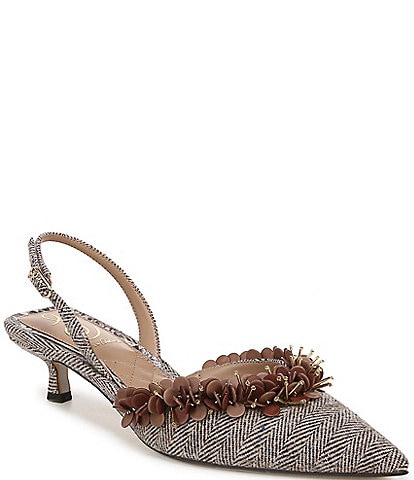 Sam Edelman Trent Herringbone Beaded Kitten Heel Slingback Pumps