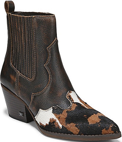 Sam Edelman West Leather and Cow Print Calf Hair Western Inspired Booties
