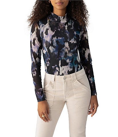 Sanctuary Abstract Print Mesh Mock Neck Long Sleeve Top