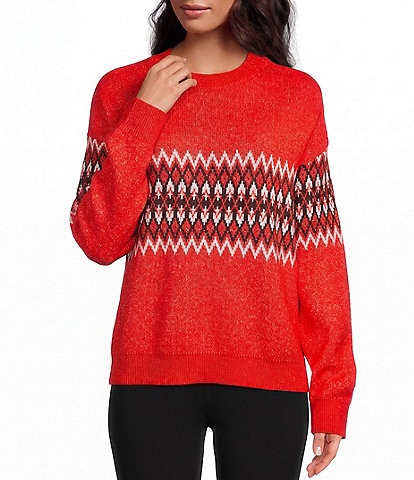 Sanctuary Argyle Crew Neck Long Sleeve Fuzzy Jacquard Easy Pullover Sweater