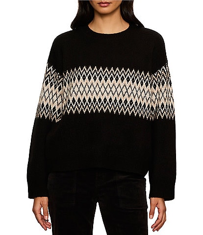 Sanctuary Argyle Crew Neck Long Sleeve Fuzzy Jacquard Easy Pullover Sweater
