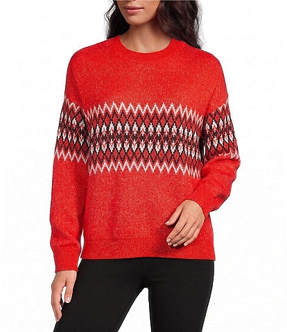 Sanctuary Argyle Crew Neck Long Sleeve Fuzzy Jacquard Easy Pullover Sweater