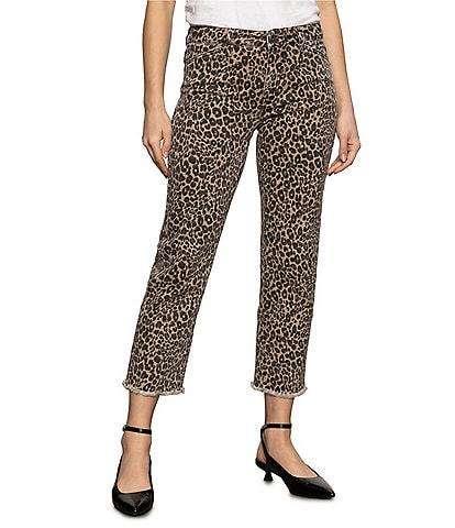 Sanctuary Cadence 90's Leopard Print Mid Rise Cropped Frayed Hem Straight Jeans