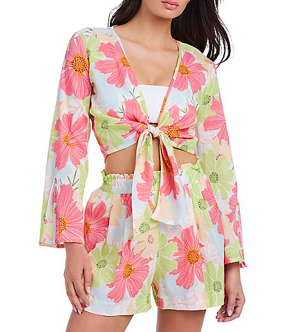 Sanctuary Charming Floral Flare Sleeves Tie Front Swim Cover-Up & Ruffle Elastic Waist Swim Cover-Up Short