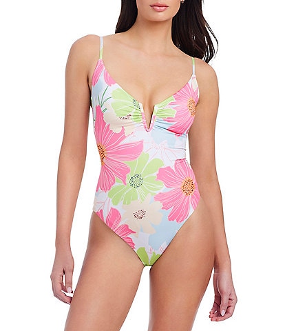 Sanctuary Charming Floral Lace-Up V-Wire Neck One Piece Swimsuit