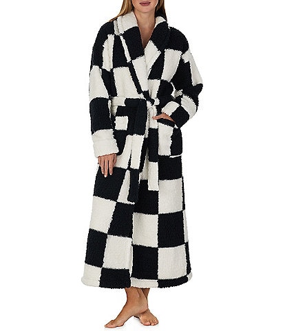 Sanctuary Check Print Long Sleeve Shawl Collar Cozy Sherpa Wrap Long Robe