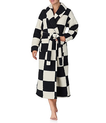 Sanctuary Checkered Long Sleeve Shawl Collar Long Cozy Fleece Robe