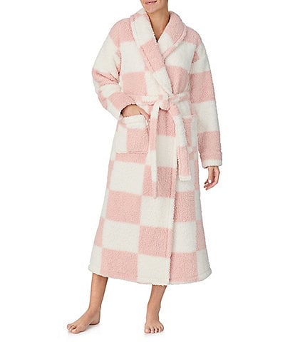 Sanctuary Checkered Long Sleeve Shawl Collar Long Cozy Fleece Robe