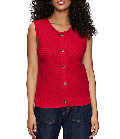 Sanctuary Cotton Slub Crew Neck Sleeveless Button Front Top