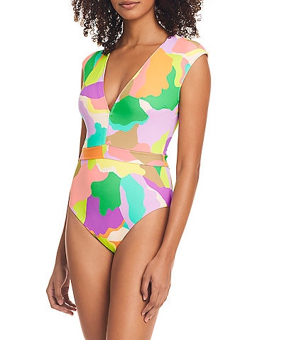 Sanctuary Daytripper Printed Plunge V-Neck Cap Sleeve One Piece Swimsuit