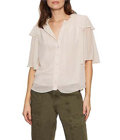 Sanctuary Deja Vu Ruffle V-Neck Short Sleeve Button Front Blouse