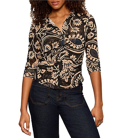 Sanctuary Dreamgirl Geometric Printed Mesh Point Collared Long Sleeve Ruched Button Front Top