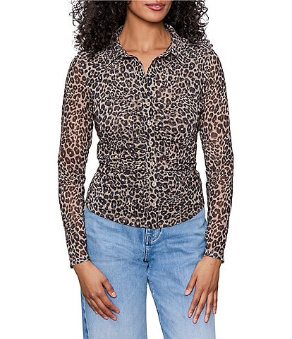 Sanctuary Dreamgirl Print Mesh Point Collar Neck Long Sleeve Ruched Button Front Top