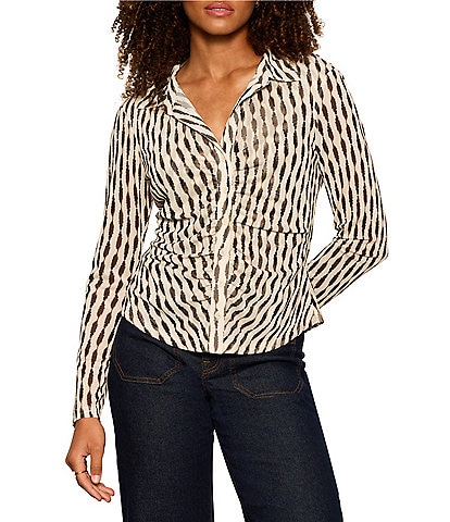 Sanctuary Dreamgirl Printed Mesh Point Collared Long Sleeve Ruched Button Front Top