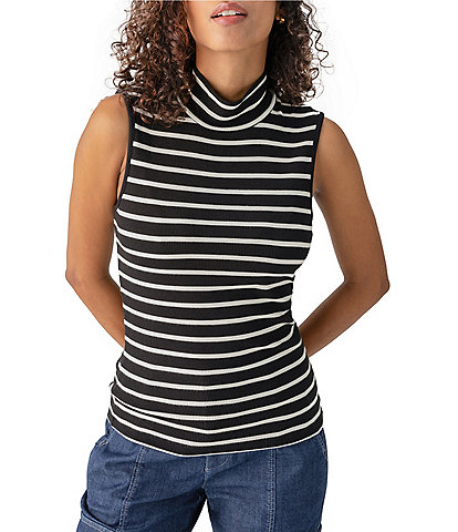 Sanctuary Essential Rib Knit Stripe Print Turtleneck Sleeveless Top