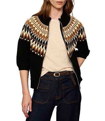 Sanctuary Fairisle Printed Short Sleeve Zip-Up Sweater