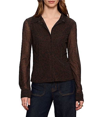 Sanctuary Fitted Mesh Leopard Printed Spread Collar Long Sleeve Button Front Top
