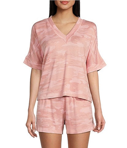 Sanctuary French Terry Short Sleeve V-Neck & Short Camo Pajama Set