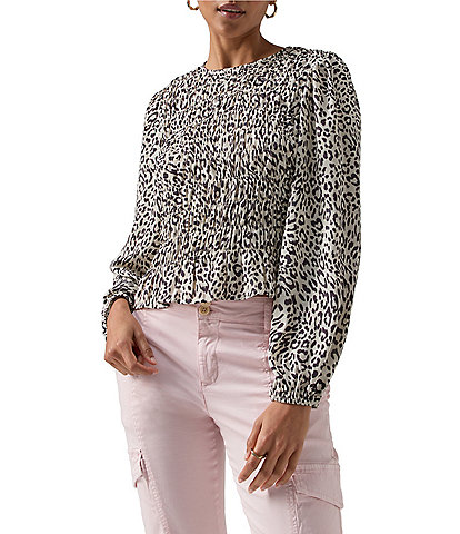 Sanctuary Get Together Animal Print Crew Neck Long Sleeve Smocked Blouse