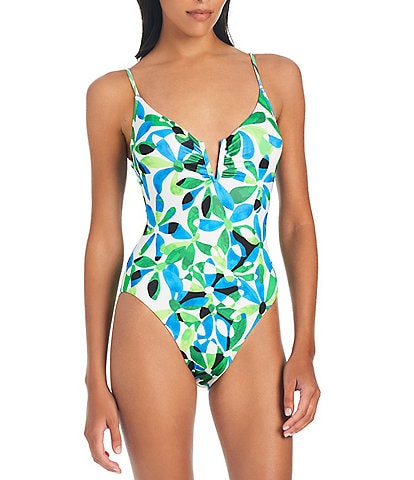 Sanctuary Jigsaw Petals Printed V-Wire Neck Criss Cross Back One Piece Swimsuit
