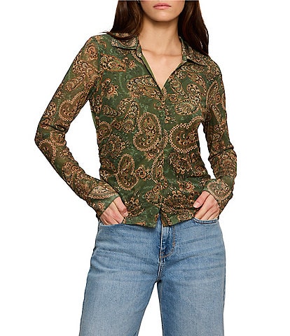 Sanctuary Juno Paisley Printed Spread Collar Button Front Mesh Top
