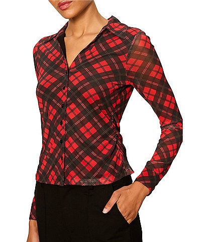 Sanctuary Juno Plaid Printed Spread Collar Long Sleeve Button Front Mesh Top
