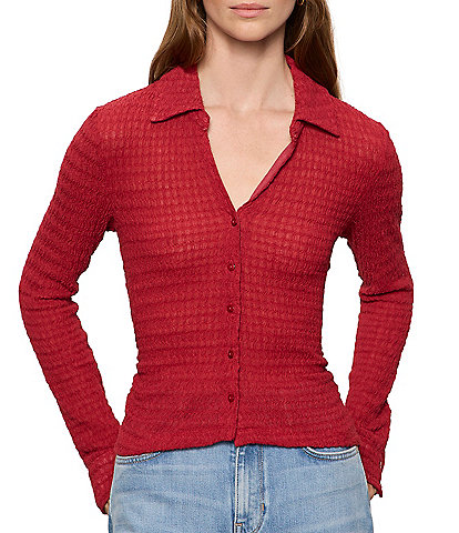 Sanctuary Juno Textured Spread Collar Long Sleeve Button Front Knit Top