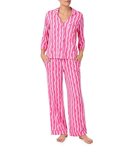 Sanctuary Knit 3/4 Sleeve Notch Collar Wave Print Pajama Set