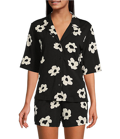 Sanctuary Knit Floral Print Short Sleeve Notch Collar Shorty Pajama Set